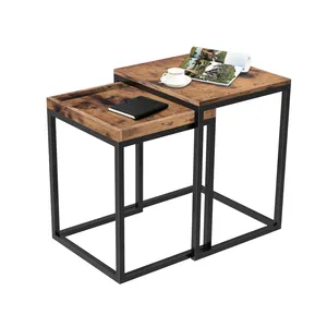 VASAGLE סלון קטן מתכת עץ תעשייתי כפרי ספה מגש צד שולחן קינון קפה שולחן
