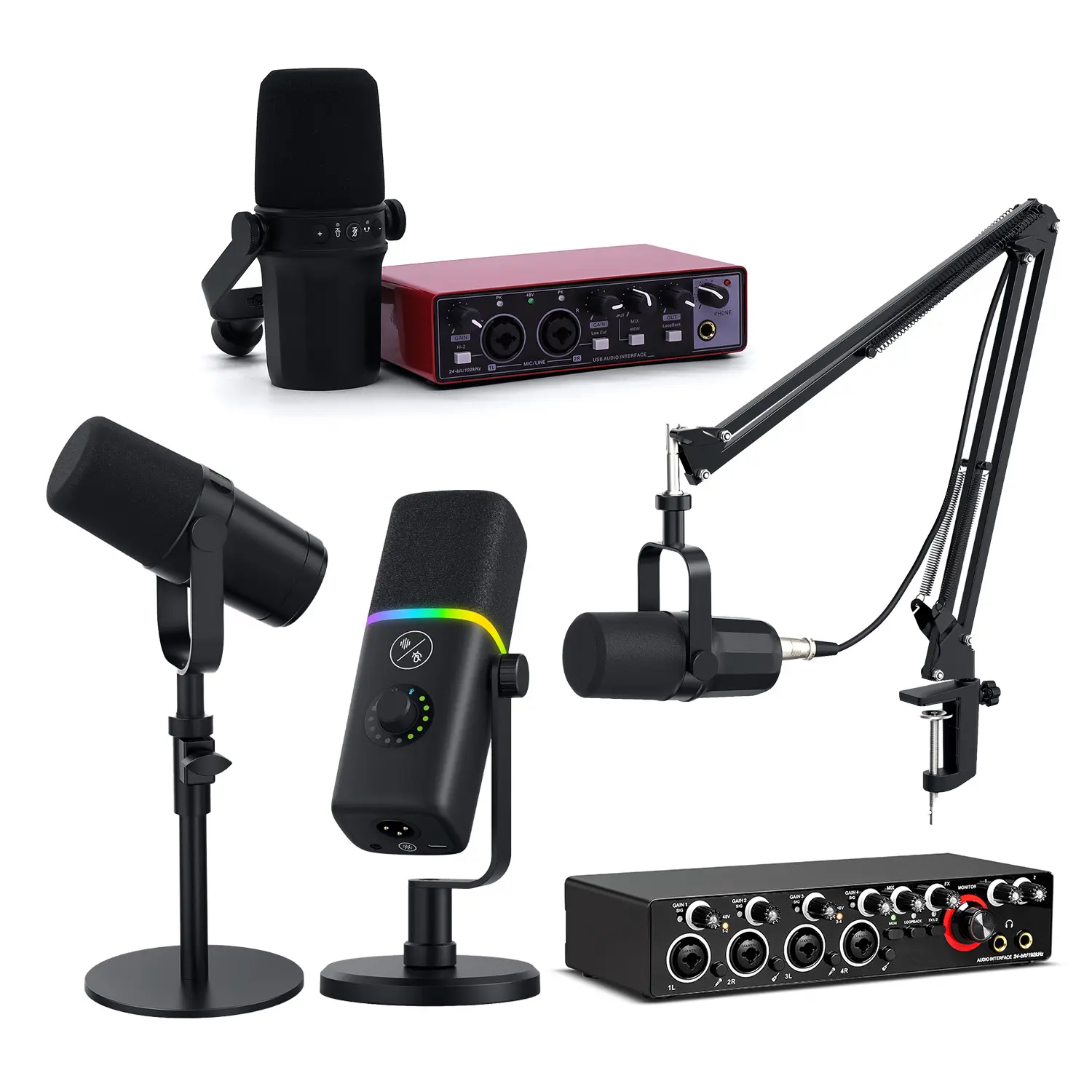 Profesyonel ses kartı akış Podcast kayıt stüdyosu ekipmanları ses arabirimi ses kartı ve dinamik mikrofon