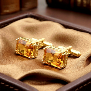 Gemelos de Lujo con Piedra de Citrino Amarillo Corte Princesa Genuina para Hombre, Gemelos de Oro para Camisa, Joyería para Novio de Boda - Product Image 1