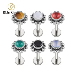 Grand ASTM F136 Titanium 16G anting kancing Labret bunga dengan batu alami tindik Keong Tragus