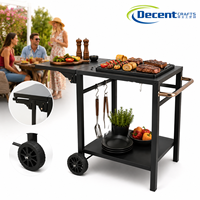Chariot de service roulant à deux niveaux avec plateau extensible pliable, crochets en S, grandes roues, chariot de barbecue en acier noir