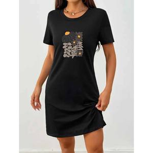 Abito da donna con stampa floreale e grafica, nuovo stile casual, girocollo, vita elasticizzata, lunghezza al ginocchio, stampa frontale - Product Image 1