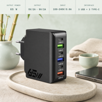 Blok Pengisi Daya USB 6 Port 65W Bahan Tahan Api PC Dengan Colokan EU Hub Pengisian Cepat Aman untuk Aksesori Rumah Kantor Perjalanan