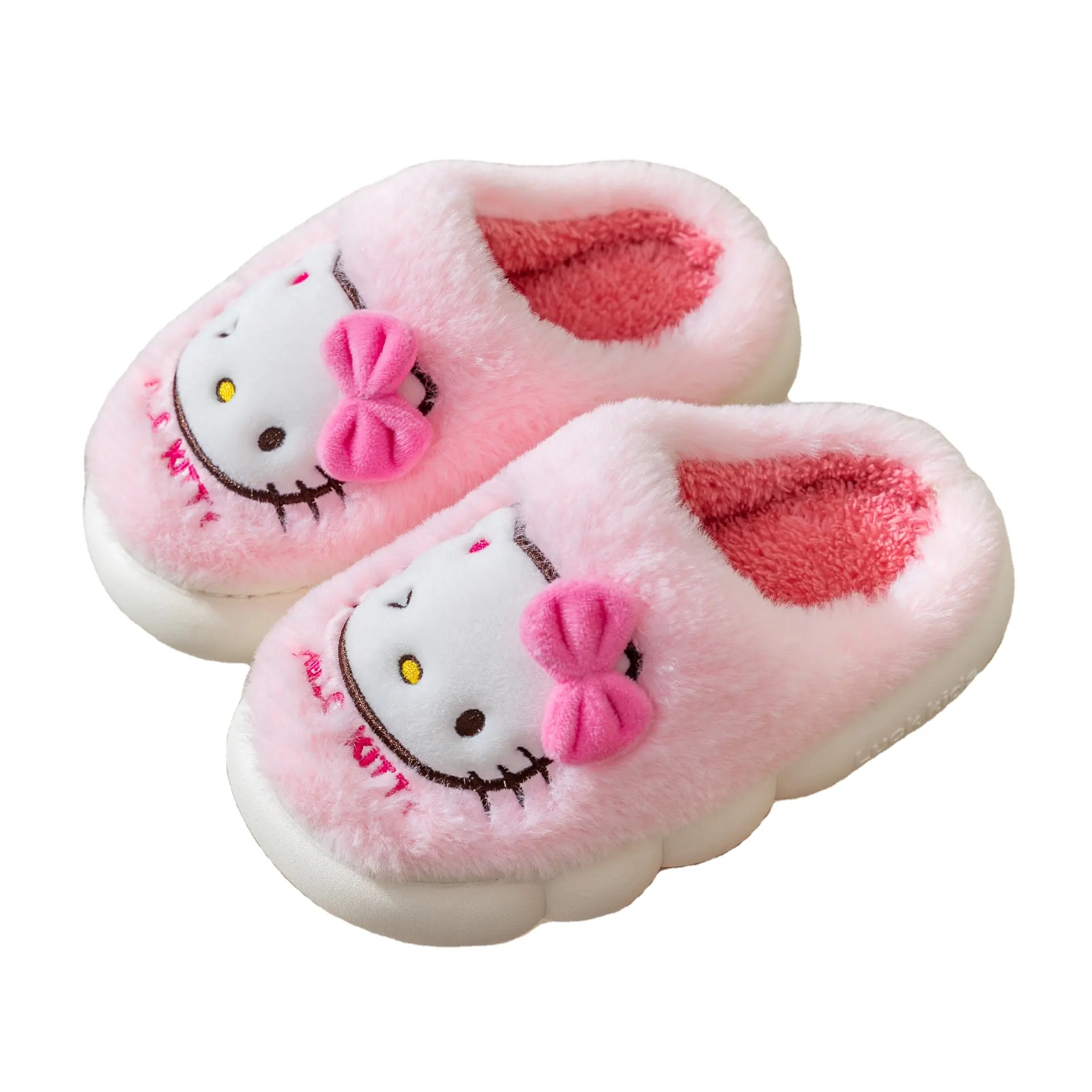 RuunJoy KT sepatu anak kucing, sandal rumah kartun imut, sandal tebal tetap hangat antiselip Kawaii musim dingin untuk anak perempuan