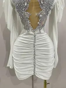 2025 lüks saten A-Line akşam balo elbise kadınlar için ışıltılı kristaller seksi örgü zarif beyaz kadife kısa doğum günü partileri için - Product Image 6