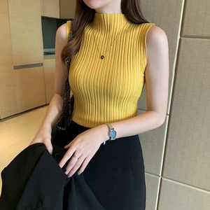 <span class=keywords><strong>Pull</strong></span> <span class=keywords><strong>sans</strong></span> manches à col semi-haut pour <span class=keywords><strong>femme</strong></span>, tricot fin doux et ciré, couleur unie, texture fine, bas de chemise, vêtements pour femmes - Product Image 3