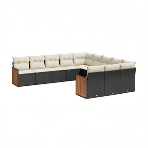 Ensemble de canapés de jardin modulaires en rotin noir avec coussins crème, mobilier d'extérieur 10 places, design contemporain, structure en teck - Product Image 1