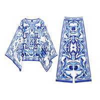 Ensemble haut ample à col carré et pantalon large imprimé porcelaine bleu et blanc, style été luxe léger haut de gamme - Élégant et tendance
