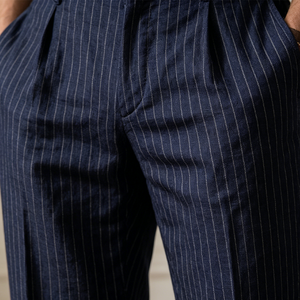 <span class=keywords><strong>Pantaloni</strong></span> da <span class=keywords><strong>Uomo</strong></span> a Righe con Pieghe, Vita Alta, Gamba Dritta, in <span class=keywords><strong>Lino</strong></span> e Cotone, Eleganti Casual da Lavoro, Personalizzabili OEM, Vendita all'Ingrosso - Product Image 6