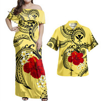 Dropship OEM Ensemble pour couple polynésien Plus Size Maxi Robe Femme Combo Hawaii Chemise