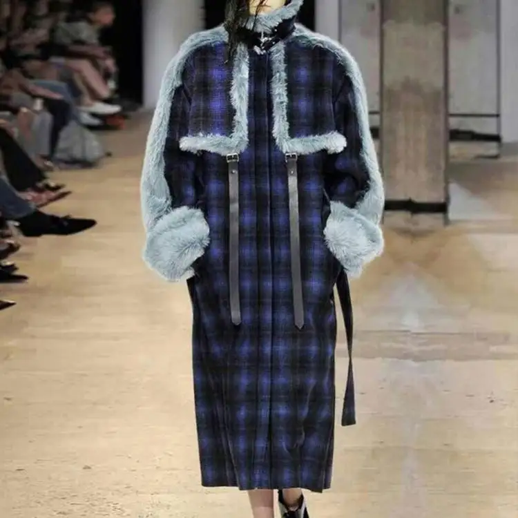 Abrigo largo de tweed con piel para mujer, de lana, azul y negro, a cuadros, varios colores, para invierno, 2021