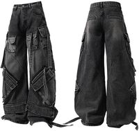 Jean cargo noir surdimensionné pour homme, style déchiré, coupe ample et large avec poches cargo