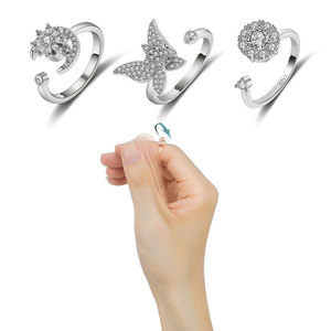 Micro Inlay Zircon Rotating Open <b>Adjustable</b> <b>Ring</b> Anxiety Copper Gold Plated Butterfly Flower Moon Stress Relief Restless Jewelry - Product Image 3