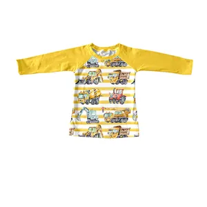 이우 야우 의류 사전 주문 아기 가을 줄무늬 의류 키즈 트랙터 소매 상의 소년 노란색 t 셔츠