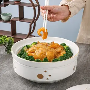 Mangkuk pemanas restoran mangkuk hangat lilin royal pribadi mangkuk keramik putih dengan penutup mangkuk makanan Server dengan tutup