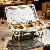 Plat de service rectangulaire en acier inoxydable avec cadre doré, 3 bacs et brûleur à combustible pour la restauration hôtelière (vente en gros)