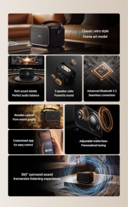 Enceinte sans fil rétro 40W avec 2 micros, système de karaoké portable en bois, autonomie de 20h, audio pour fêtes à domicile, basses profondes, vente en gros - Product Image 3