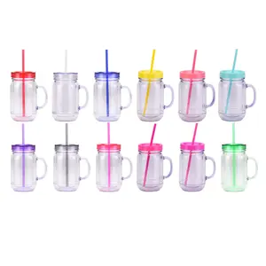EU NA High-end 16oz logo printing multicolor available double wall acrylic mason jar with handle and colored straw and lid