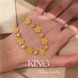 King Silver Jewelry Flower Charm <b>Bracelet</b> S925 Gold Plated <b>Adjustable</b> Chain Everyday Wear - Product Image 2