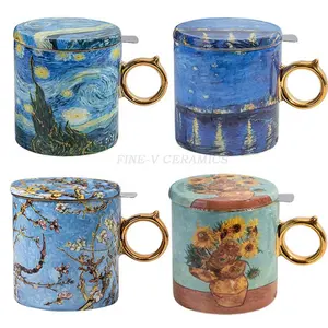梵高星空骨瓷大容量过滤茶玻璃杯带盖办公陶瓷茶杯作为礼物