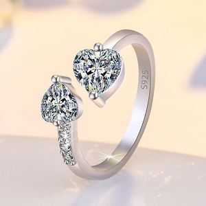 Women Mirco Pave Moissanite Diamond <b>Ring</b> <b>Adjustable</b> <b>Silver</b> Plated Double Heart Cubic Zirconia Wedding Engagement <b>Ring</b> - Product Image 1