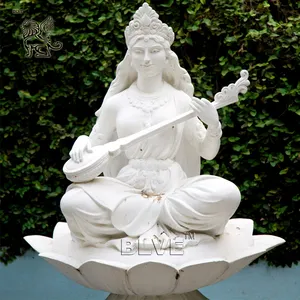 BLVE Outdoor Garden Handcarved Hindu Goddess Sitting Lotus White Marble Saraswati Statue For India