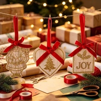 Juego de 3 Adornos Navideños Rústicos de Madera, Santa, Corazón, JOY, con Brillantina, Decoración Colgante para Árbol, Regalo, 6 cm