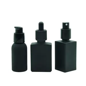 matte black square blue frosted glass droppers essential oil bottles Haodexin room spray perfume serum 30ml skincare vials pumps