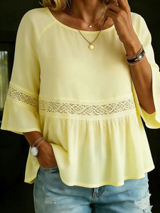 Wholesale Women Clothes New Solid Color Round Neck Hollowed Out Casual <b>Top</b> With Lace <b>Patchwork</b> Shirt - Product Image 4