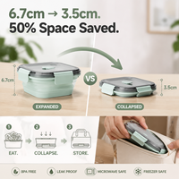Premium BPA-freie Faltbare Quadratische Silikon 500ML Hochwertige Lebensmittelbehälter mit Plastikdeckel Auslaufsicher Mikrowellengeeignet Zusammenklappbar