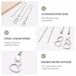 Boucles d'oreilles pendantes en acier inoxydable avec double cœur ouvert et longue chaîne, couleur acier - Product Image 4