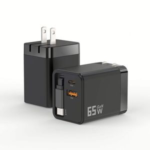 อะแดปเตอร์ชาร์จเร็วแบบพับเก็บได้ 65W PD USB-C หัวปลั๊ก EU/US พร้อมสายชาร์จแบบพับเก็บได้ 60 ซม. - Product Image 1