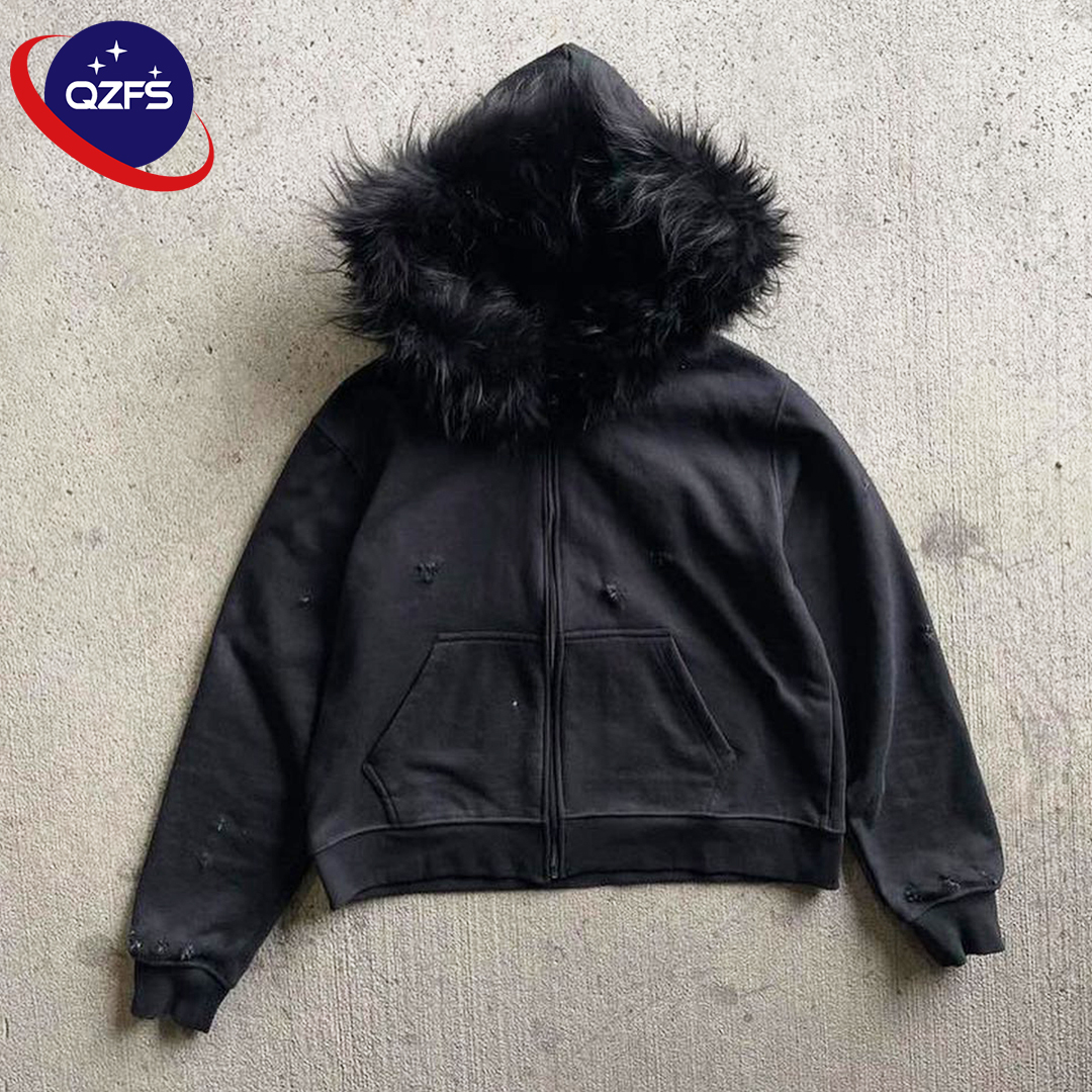 QZFSO Manufacturer Fleece Hoodie With Fur Hood Vintage Oversized Cotton Men's Vintage Detachable Collar Zip up Faux Fur Hoodie