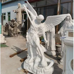 Granit Pierre Marbre Statue grandeur nature de Saint Michel Ange L'Archange Vaincre Satan Figurine sculpture