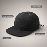 Casquette de camping 5 panneaux en nylon, tissu froissé, visière plate, cordon de serrage réglable, chapeau de randonnée et de pêche, logo personnalisé OEM ODM, 4 couleurs