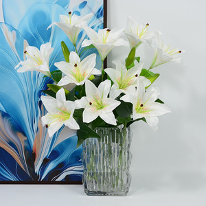 Fleurs artificielles en soie Dongchen Crafts, lys à 3 têtes, tige unique, blanches, pour décoration de maison et de mariage - Product Image 1