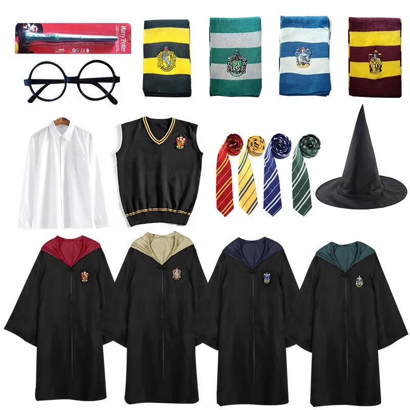 Costume Cosplay del capo del mago in stile multiplo Slytherin uniforme universitaria mantello con cappuccio Potter con cravatta Harry Robe con cappello e occhiali