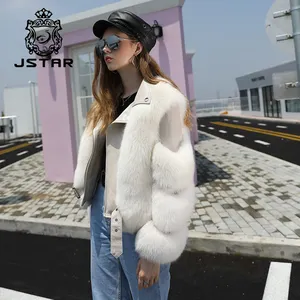 JSTAR genuine fox fur coat fox fur sleeve leather jacket leather and fur womens coats