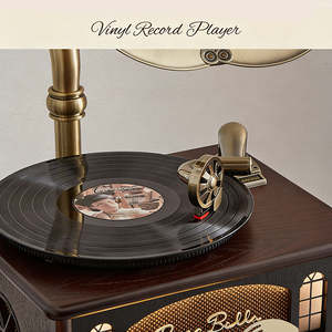 Tocadiscos vintage todo en uno con chimenea eléctrica, radio FM, altavoz, reproducción de 3 velocidades, audio doméstico, madera, Bluetooth y USB. - Product Image 4