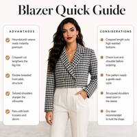 Blazer court croisé pied-de-poule, veste courte ajustée à revers crantés pour le bureau ou les occasions décontractées