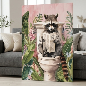 Impression sur toile de raton laveur amusant aux toilettes, affiche humoristique <span class=keywords><strong>d</strong></span>'animal lisant un journal, images <span class=keywords><strong>d</strong></span>écoratives tropicales roses pour salle de bain - Product Image 5