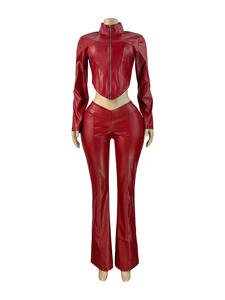 Conjunto de Dos Piezas para Mujer Viviblook Z1121ST09, Chaqueta de Cuero Elástica con Cierre y Pantalones Casuales Acampanados - Product Image 2