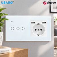 Interrupteur intelligent tactile UBARO Zigbee 3 voies avec prise EU Schuko non intelligente et double USB, panneau mural en verre trempé Tuya Smart Home