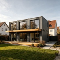 Maison préfabriquée à deux étages en conteneur maritime, panneaux sandwich modulaires, terrasse moderne, grandes portes coulissantes en verre, extérieur suburban