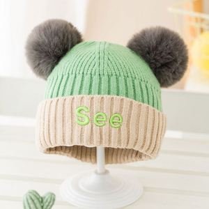 Autumn and Winter <b>Bobble</b> With Pom Pom Color Matching <b>Baby</b> Beanie Woolen Warm Knitted Kids Wool Hats - Product Image 5