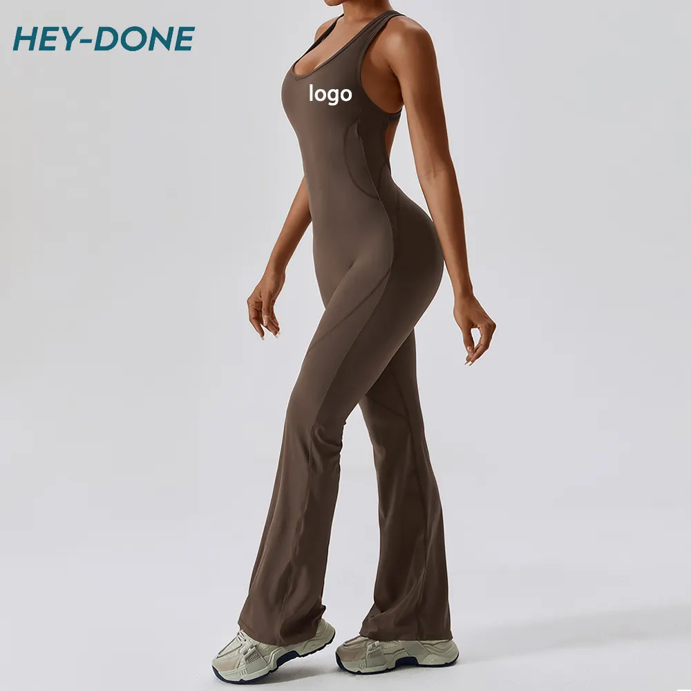 Heydone haute qualité élastine dos nu entraînement barboteuse séchage rapide Flare Yoga combishorts tricoté Gym Fitness combinaison femmes grande taille
