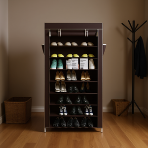 Zapatero de 10 niveles color marrón oscuro con cubierta antipolvo, organizador de almacenamiento independiente para uso en el armario del hogar. - Product Image 2