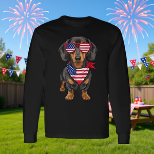 T-shirt à manches longues pour adultes, unisexe, avec dachshund et drapeau américain, 4 juillet, chien mignon, imprimé numérique - Product Image 3