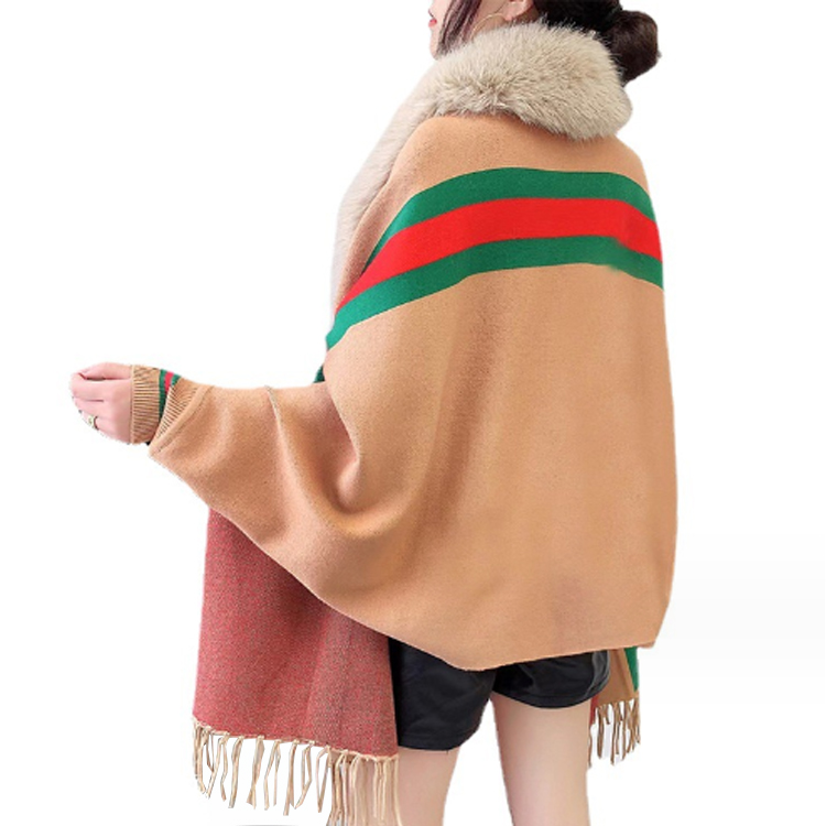 Nieuwe Modieuze Dames Wollen Sjaal Poncho Capes Merk Winter Lange Mouw Streep Dames Sjaals Met Bontkraag