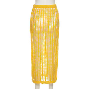 Nouvelle arrivée 2025, jupes longues en tricot à taille <span class=keywords><strong>haute</strong></span>, fendues, ajourées, élégantes et sexy pour femmes, couleur jaune - Product Image 5